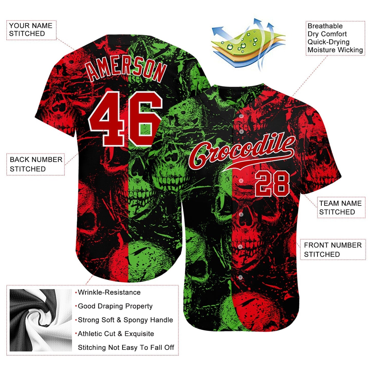 Frenzidea Custom 3D Pattern Halloween Skulls Baseball Jersey