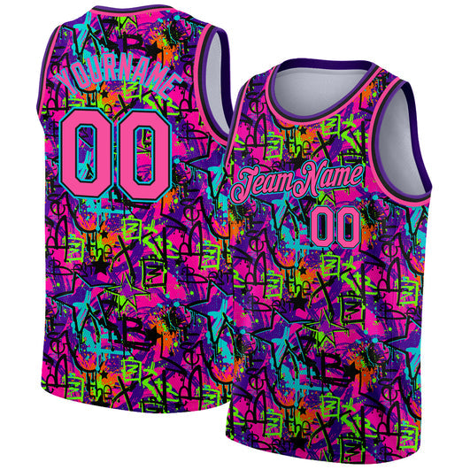 Frenzidea Custom Graffiti Pattern Pink Black-Lakes Blue 3D Grunge Art Authentic Basketball Jersey