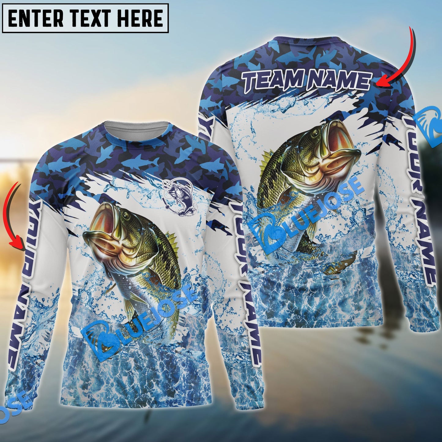 Frenzidea Bass Fishing Blue Camo Clear Water Custom Name & Team Name 3D Shirts