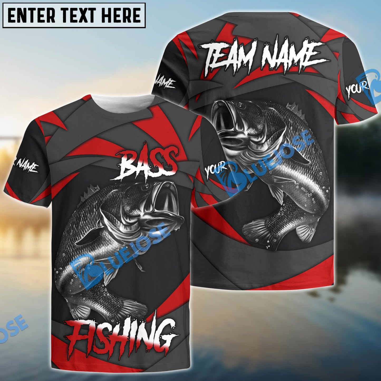 Frenzidea Bass Fishing Red Gray Spinning Pattern Custom Name & Team Name 3D Shirts
