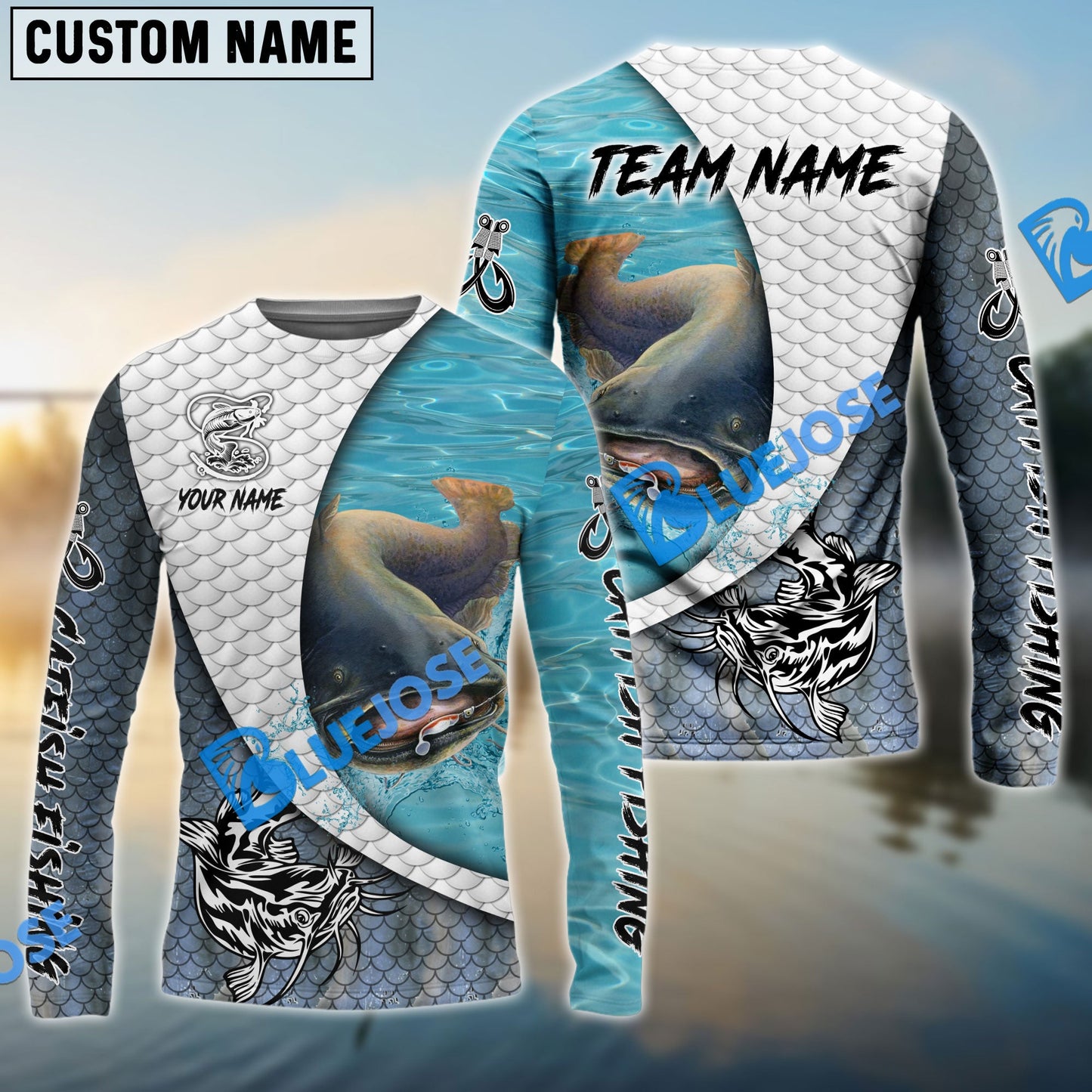 Frenzidea Catfish Fishing White Skin Diagonal Custom Name & Team Name 3D Shirts