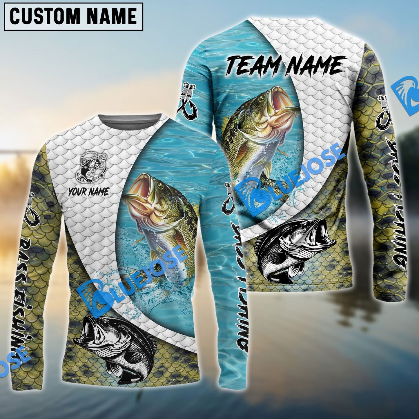 Frenzidea Bass Fishing White Skin Diagonal Custom Name & Team Name 3D Shirts