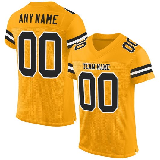 Frenzidea Custom Gold Black-White Mesh Authentic Football Jersey