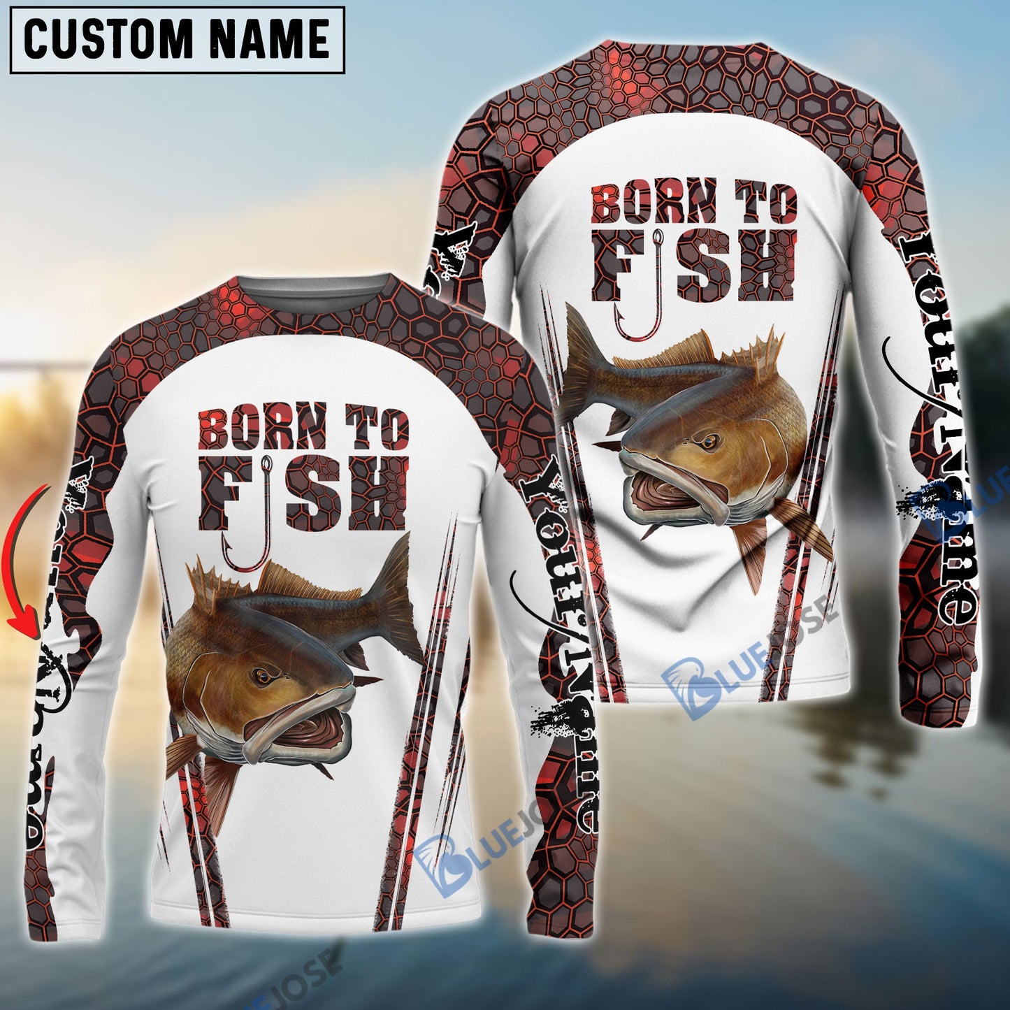 Frenzidea "Born To Fish" Redfish Fishing Red Camo Custom Name Long Sleeve Fishing Shirts