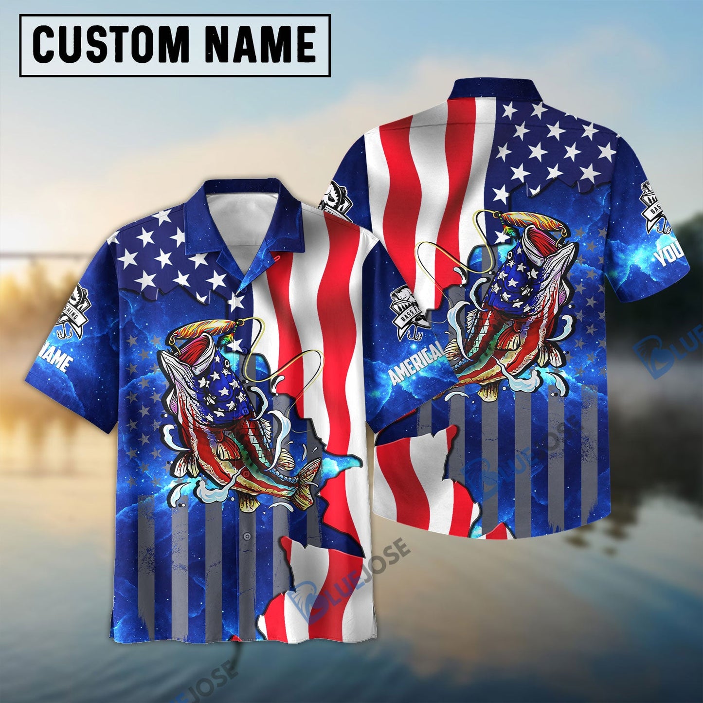 Frenzidea Bass Fishing American Flag Patriotic Custom Name 3D Shirt