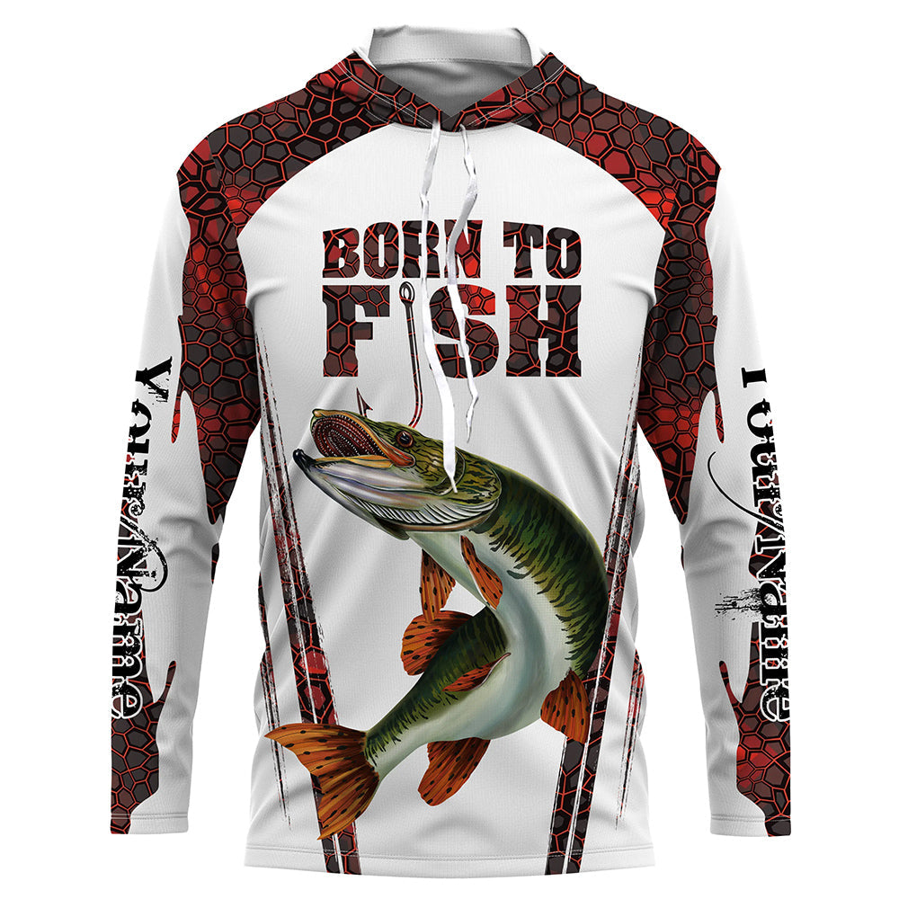 Frenzidea "Born To Fish" Musky Fishing Red Camo Custom Name Long Sleeve Fishing Shirts