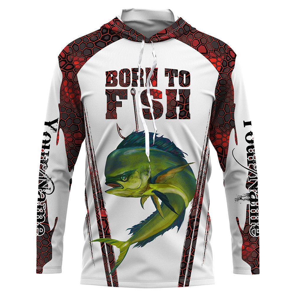 Frenzidea "Born To Fish" Mahi Mahi Fishing Red Camo Custom Name Long Sleeve Fishing Shirts