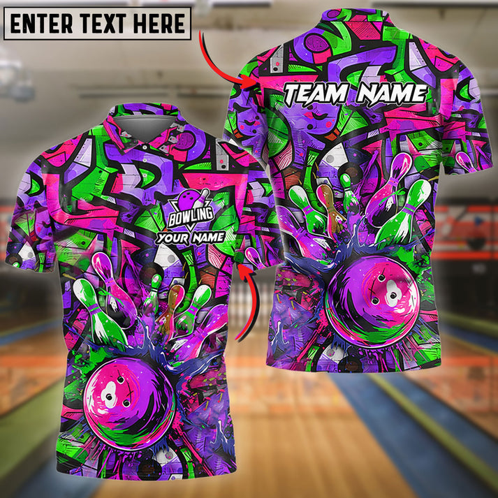 Frenzideas Bowling And Pins Graffiti Colorful Personalized Name, Team Name 3D Shirt (4 Colors)