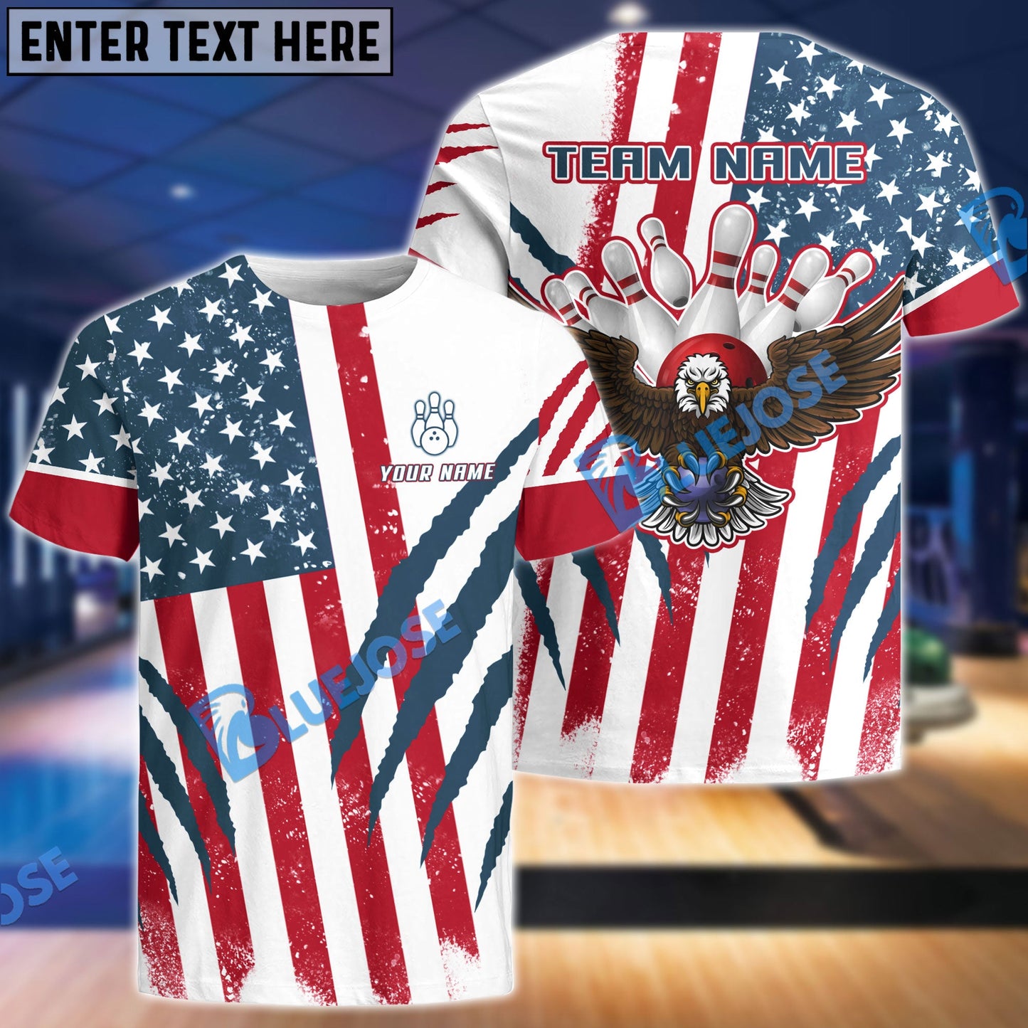 Frenzideas US Flag Eagle Bowling and Pins Customized Name, Team Name 3D Shirt