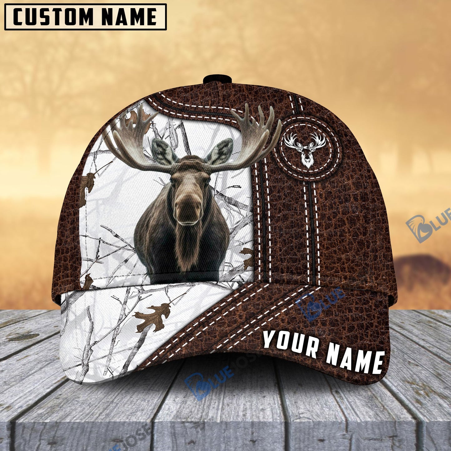 Frenzidea Moose Hunting Premium Leather Pattern Personalized Name Cap (4 Colors)