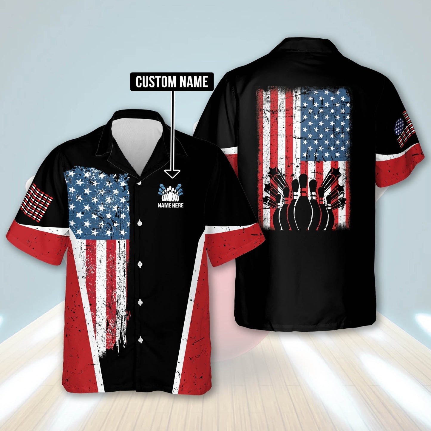 Frenzideas USA Bowling Flag Personalized Name Hawaiian Shirt