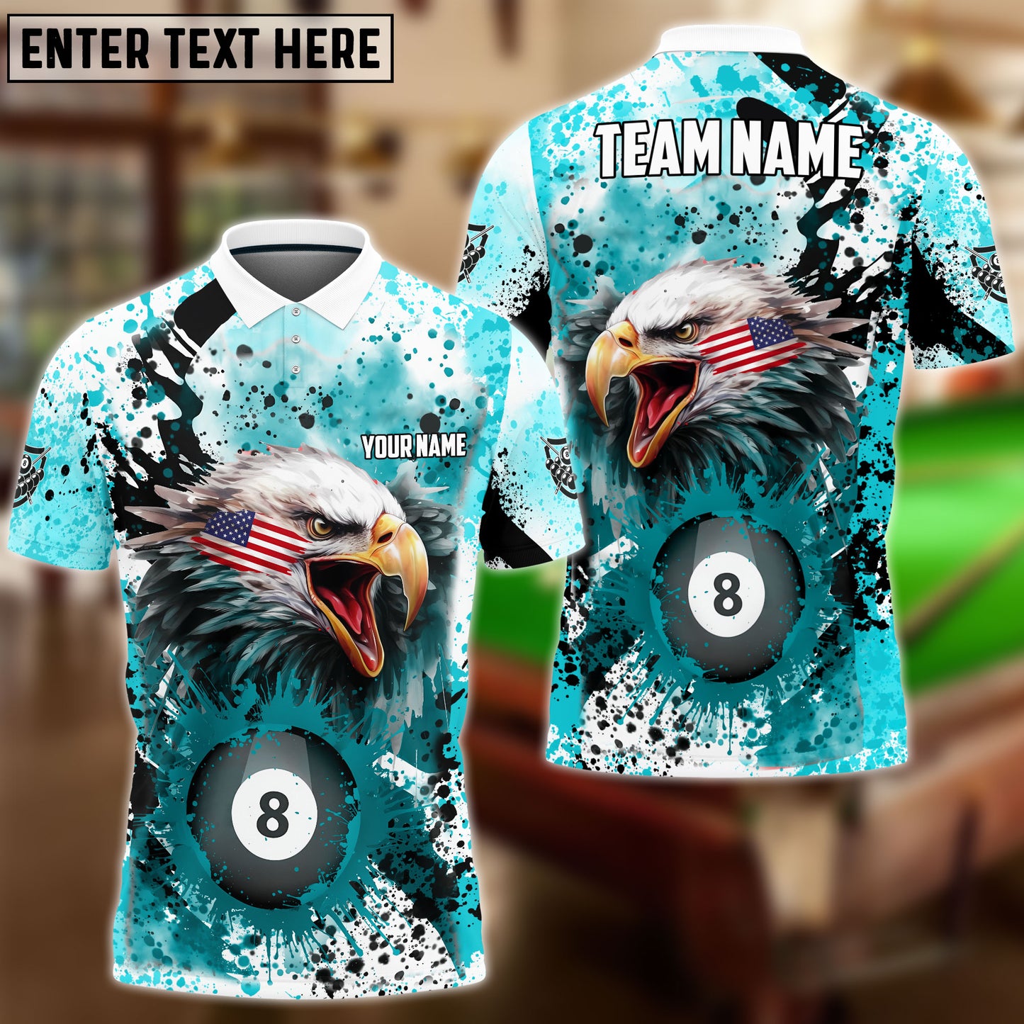 Frenzidea Billiards 8 Ball Eagle American Flag Paint Pattern Personalized Name, Team Name Unisex Shirt ( 4 Colors )