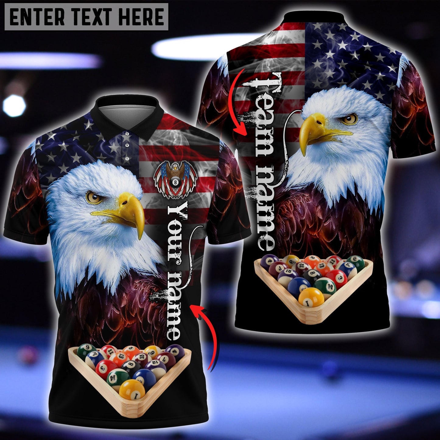 Frenzidea Billiards 8 Ball Rack American Eagle Personalized Name, Team Name Shirt