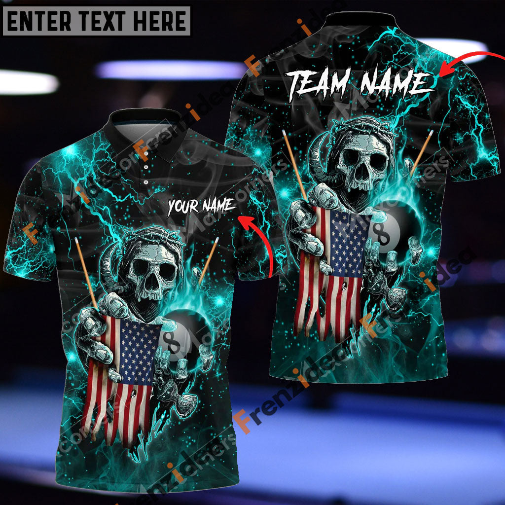 Frenzidea Billiards Ball 8 Fire Skull US Flag Personalized Name, Team Name Unisex Shirt ( 6 Colors )