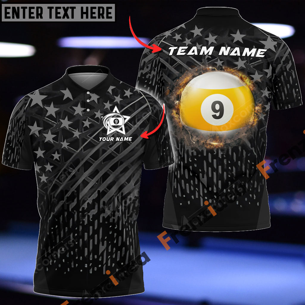 Frenzidea Billiards Ball 8 And 9 Fire Black US Flag Personalized Name, Team Name Unisex Shirt ( 2 Colors )