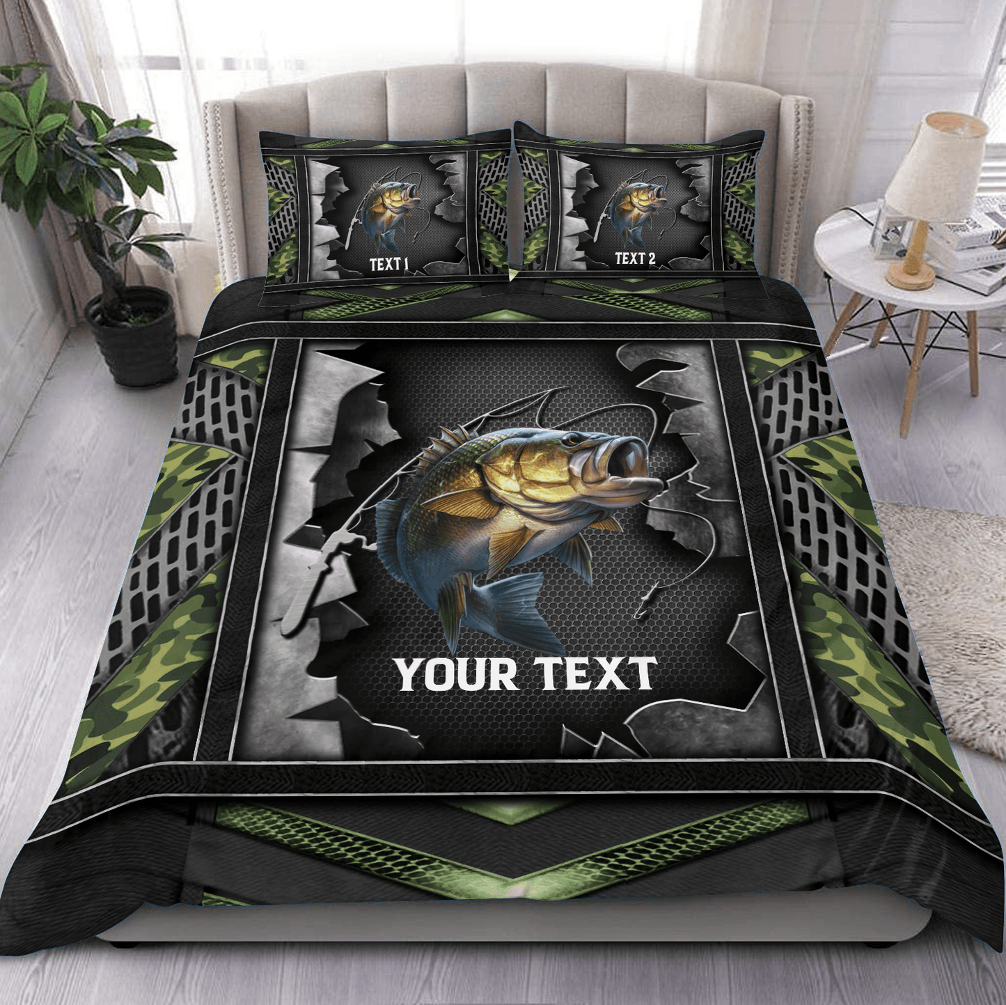 Frenzidea Bass Fishing Metal Pattern Personalized Bedding Set