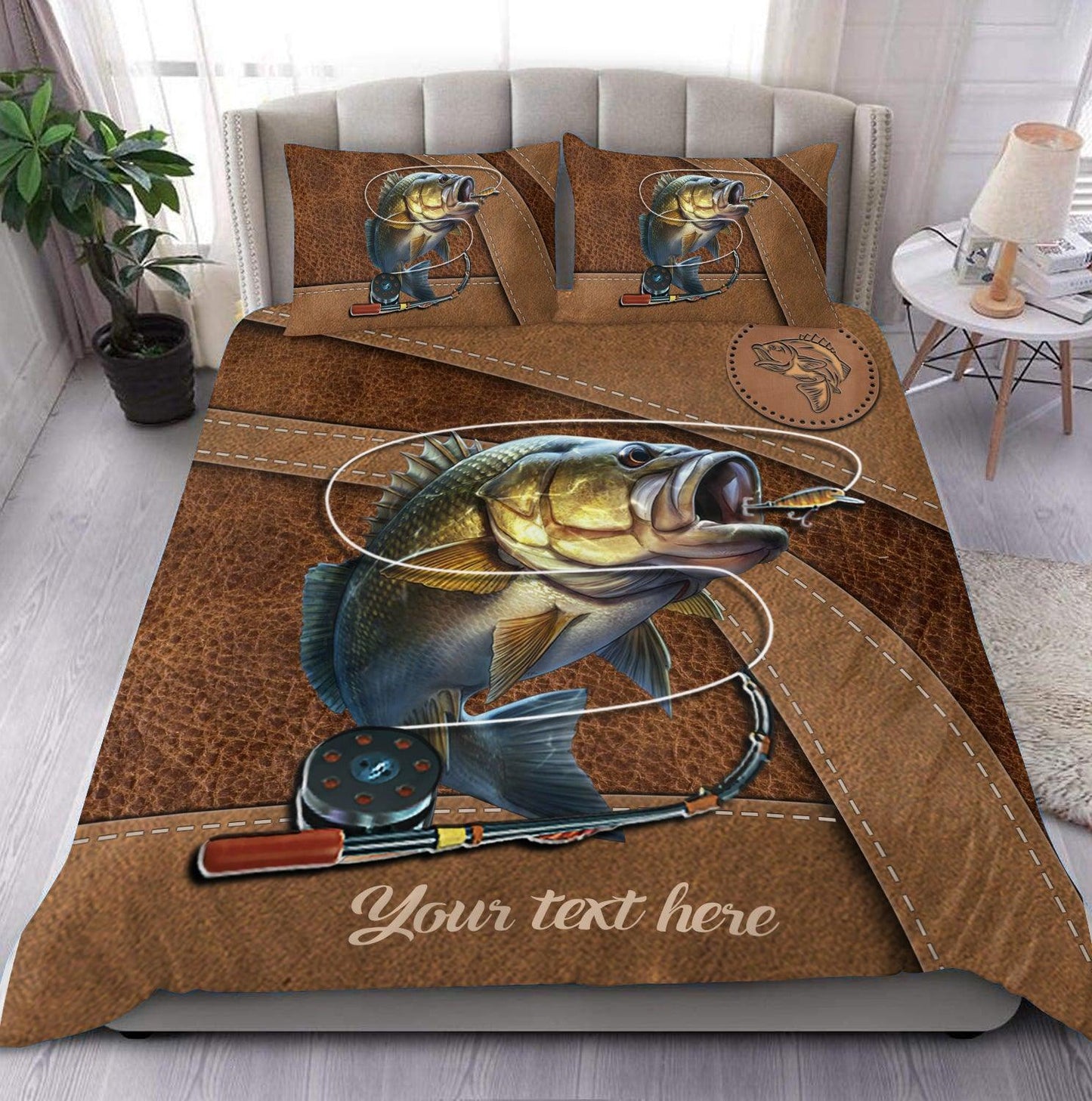 Frenzidea Bass Fishing Leather Pattern Personalized Bedding Set