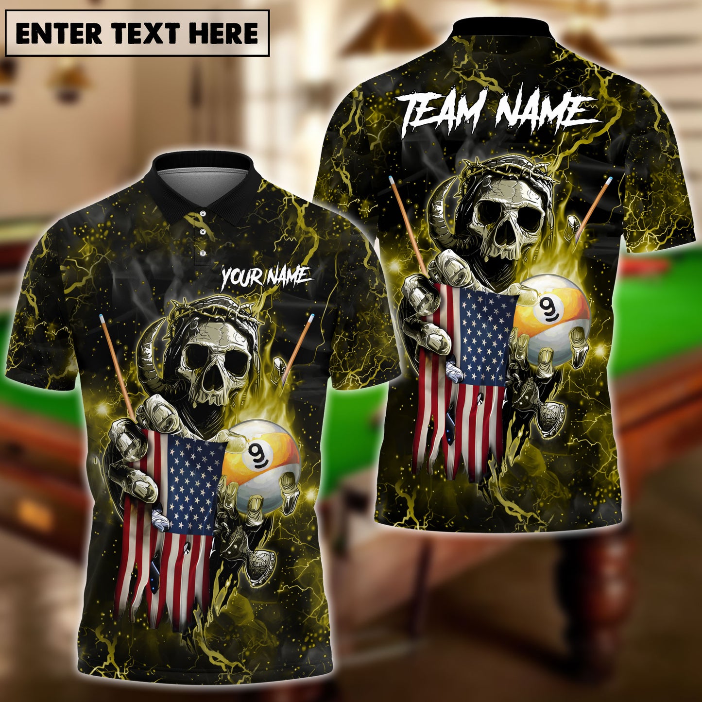 Frenzidea Billiards Ball 9 Fire Skull US Flag Personalized Name, Team Name Unisex Shirt ( 6 Colors )