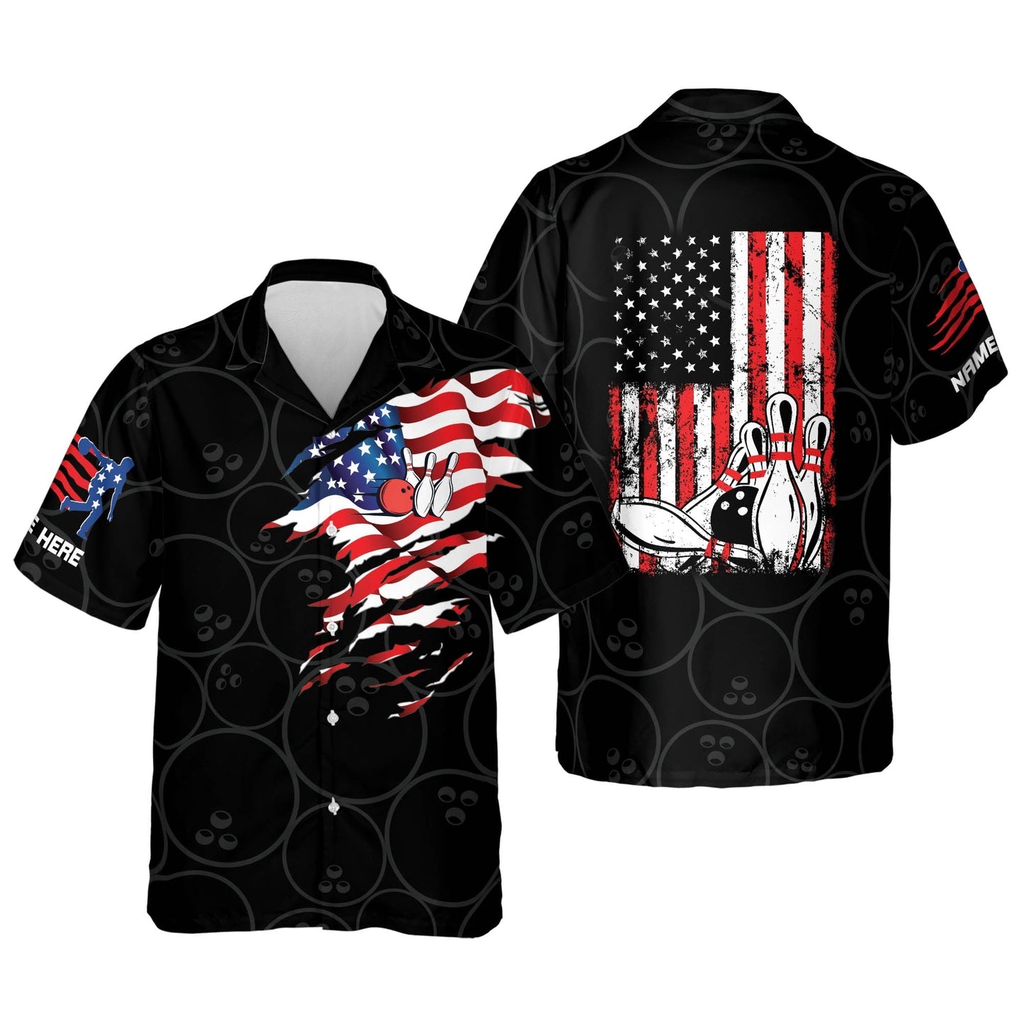 Frenzideas USA Flag Patriotic Button-Down Personalized Name Hawaiian Shirt