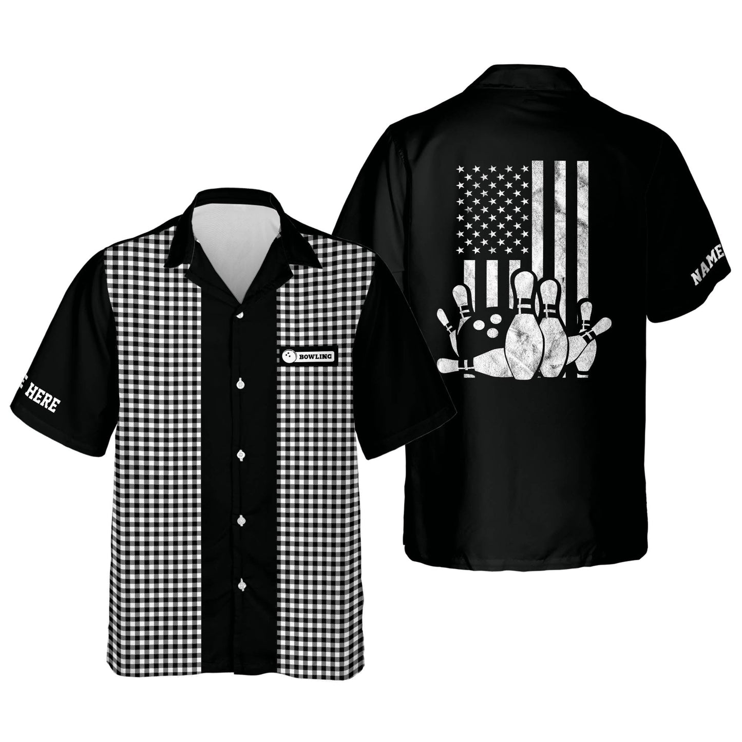 Frenzideas USA Flag Patriotic Bowling Personalized Name Hawaiian Shirt