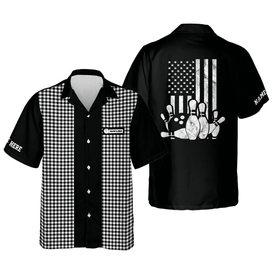 Frenzideas USA Flag Patriotic Bowling Personalized Name Hawaiian Shirt