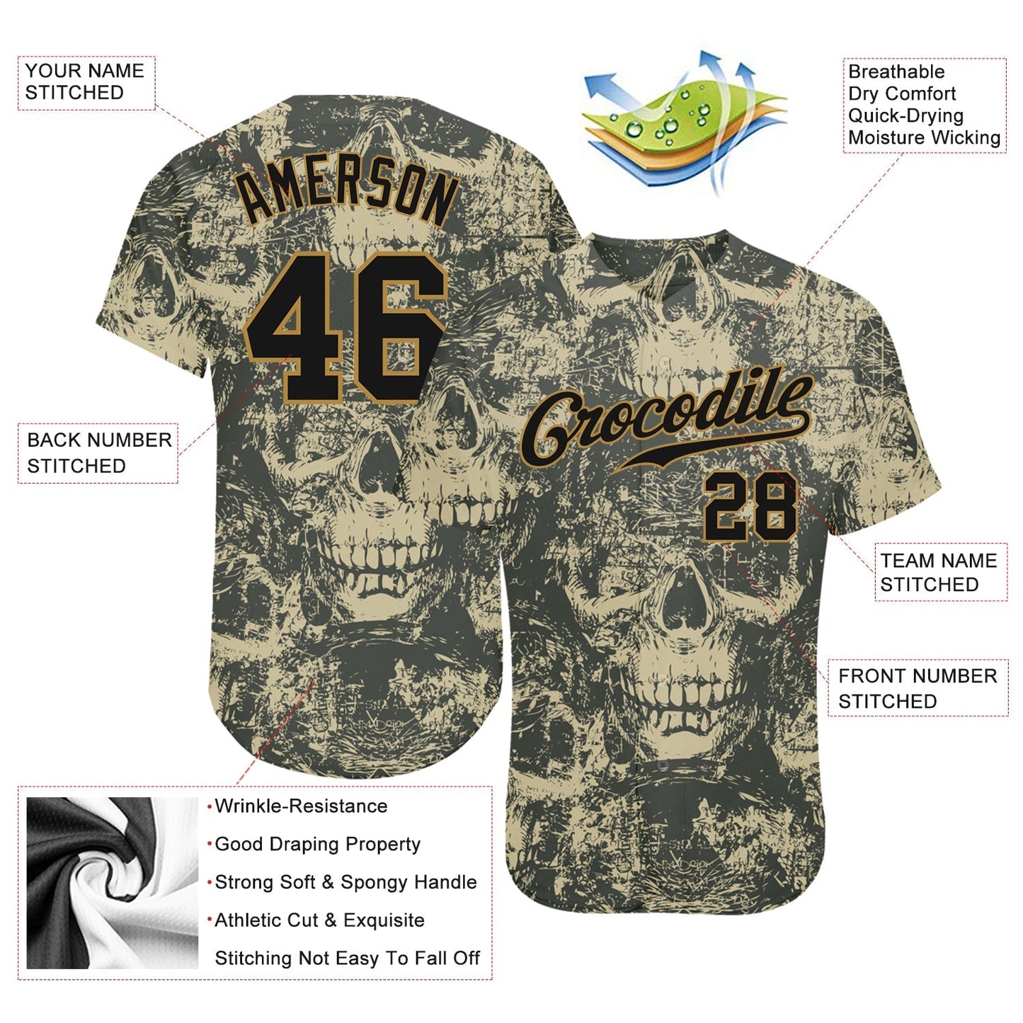 Frenzidea Custom 3D Pattern Halloween Skulls Baseball Jersey