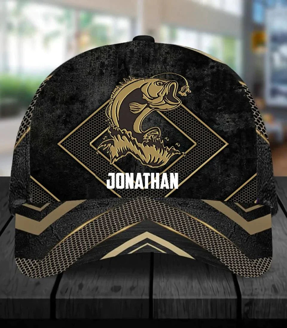 Frenzidea  Personalized Fishing Black Gold Cap