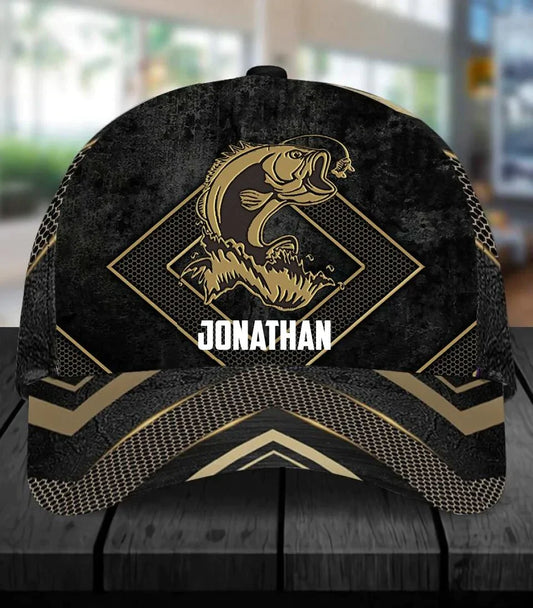 Frenzidea  Personalized Fishing Black Gold Cap