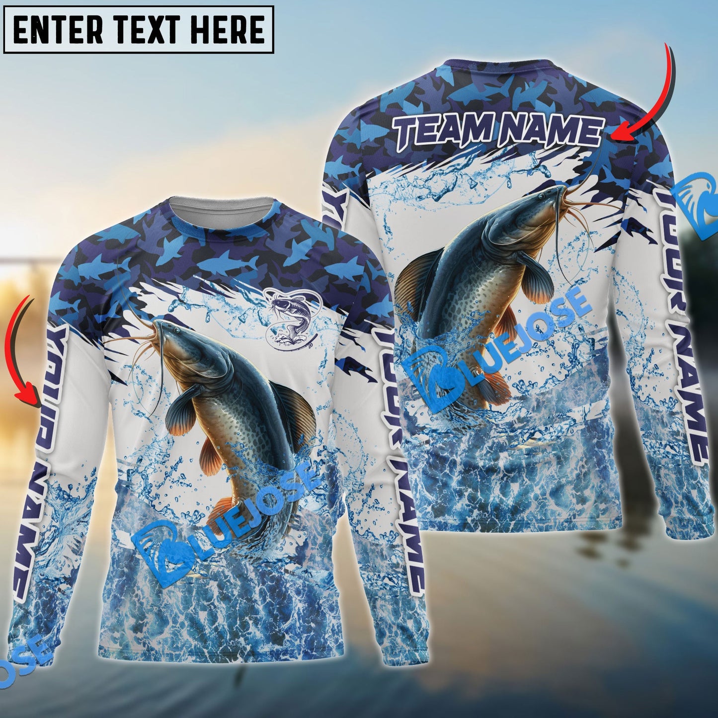 Frenzidea Catfish Fishing Blue Camo Clear Water Custom Name & Team Name 3D Shirts