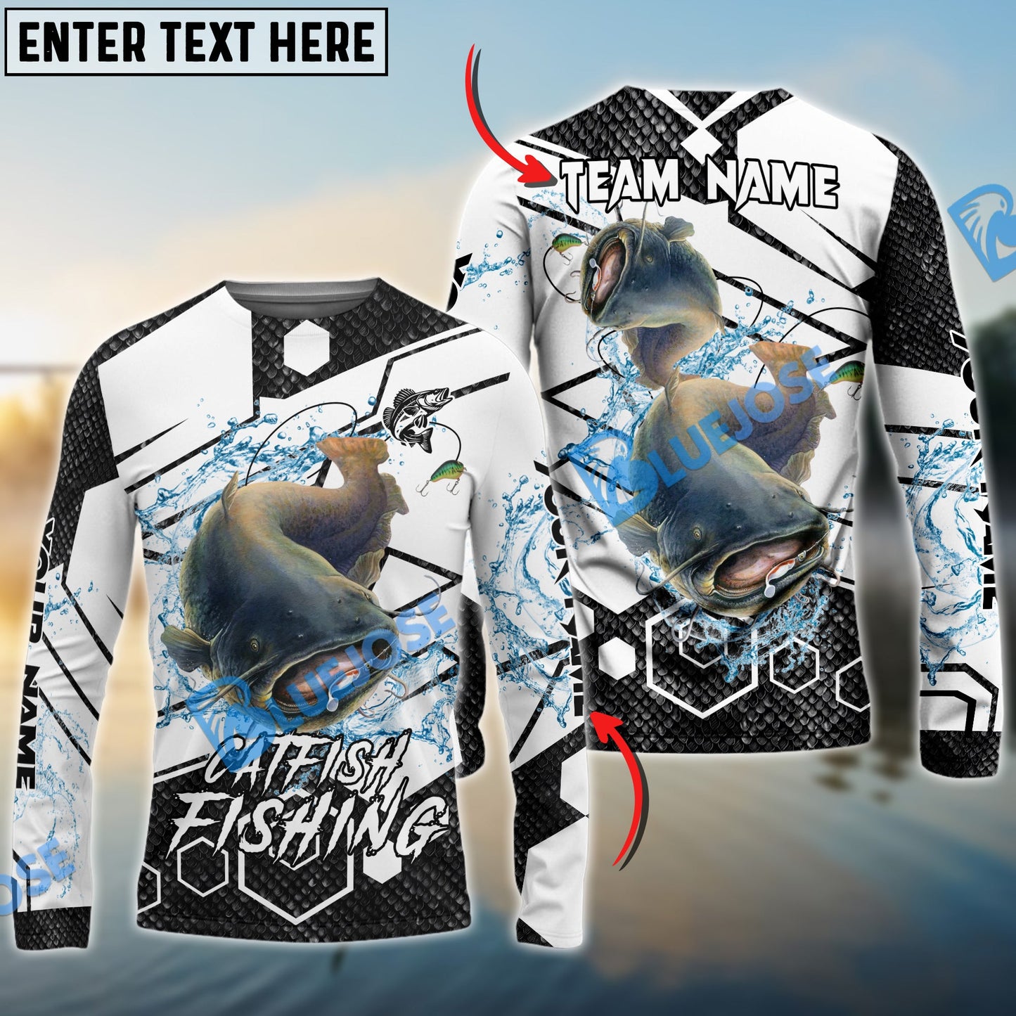 Frenzidea Catfish Fishing White Gray Black Hexagon Sport Custom Name & Team Name 3D Shirts