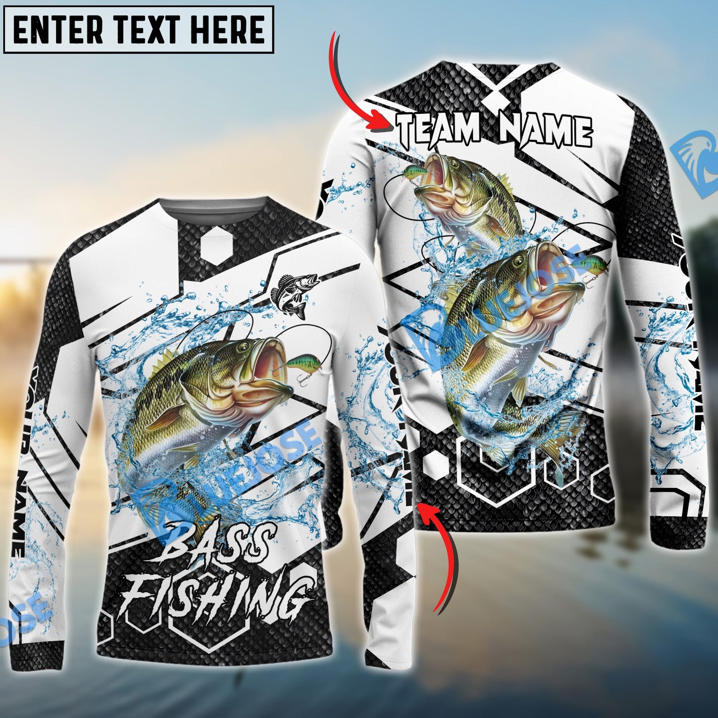 Frenzidea Bass Fishing White Gray Black Hexagon Sport Custom Name & Team Name 3D Shirts