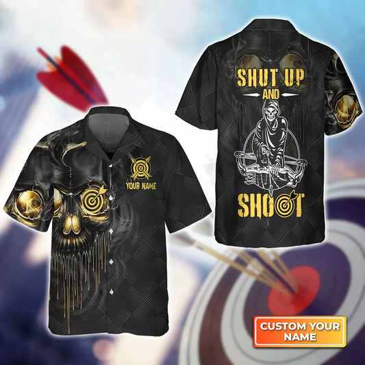 Frenzidea Archery Skull Shut Up and Shoot Personalized Name 3D Hawaiian Shirt