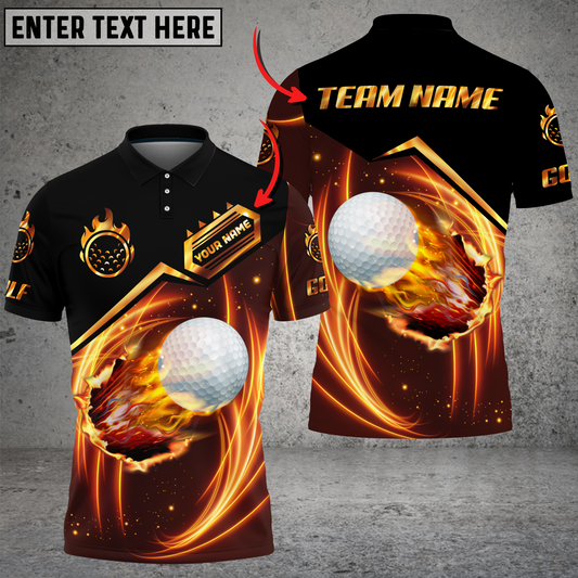 Frenzidea Premium Golden Fire Golf Ball Personalized Name, Team Name 3D Shirt