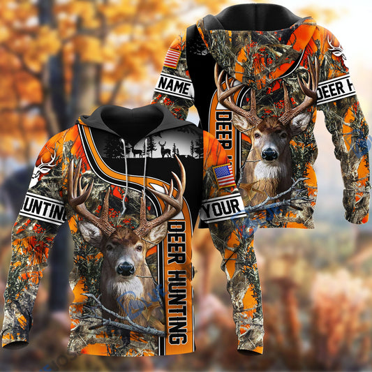 Frenzidea Personalized Name Deer US Flag Orange Hunting Pattern 3D Shirts