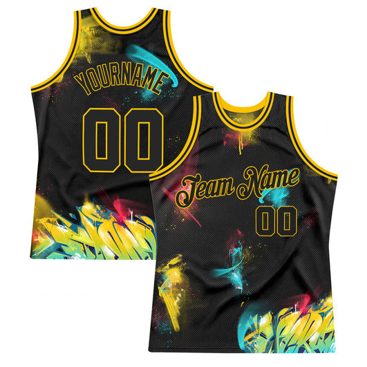 Frenzidea Custom Graffiti Pattern Black-Gold 3D Authentic Basketball Jersey