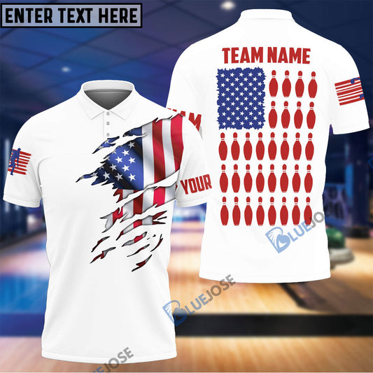 frenzideas White American Flag Bowling Pins Customized Name, Team Name 3D Shirt