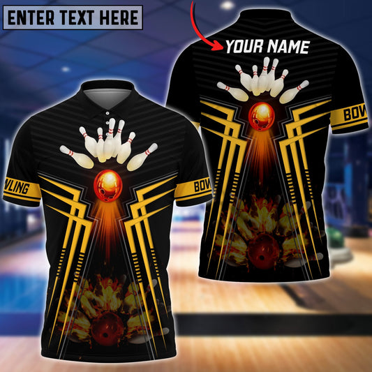 Frenzideas Yellow Bowling Ball  And Pins Flame Premium Customized Name 3D Shirt