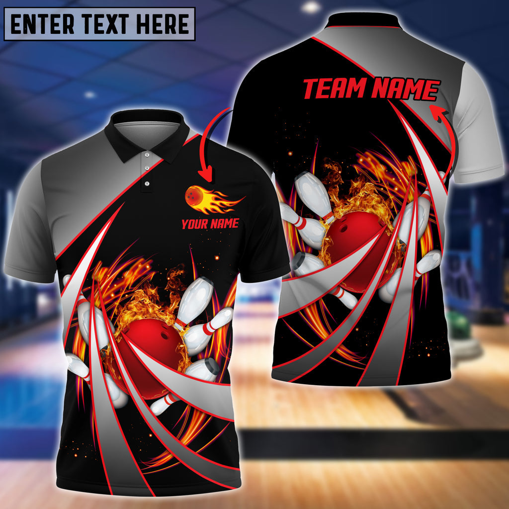 Frenzideas Flame Bowling And Pins Tornado Pattern Multicolor Customized Name 3D Shirt