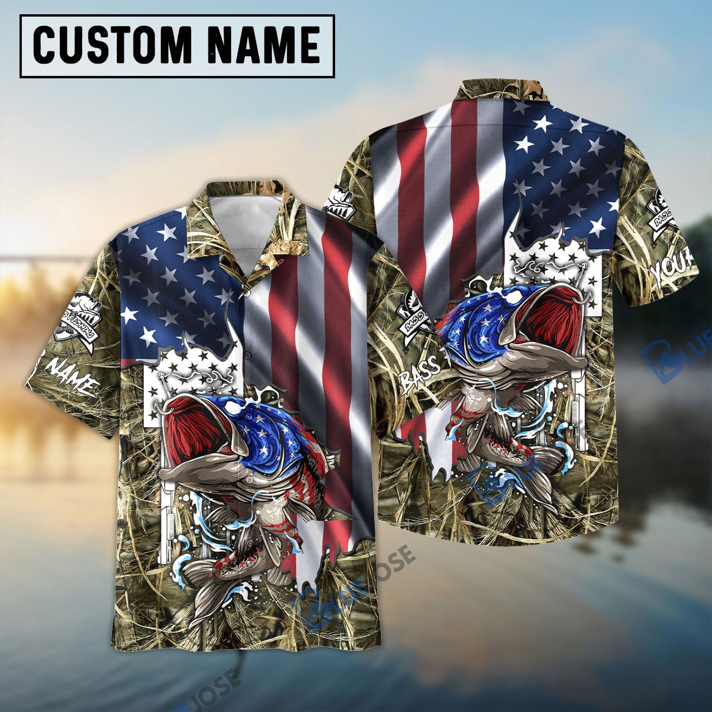 Frenzidea American Flag Patriotic Largemouth Bass Camo Fishing Custom Name 3D Shirt