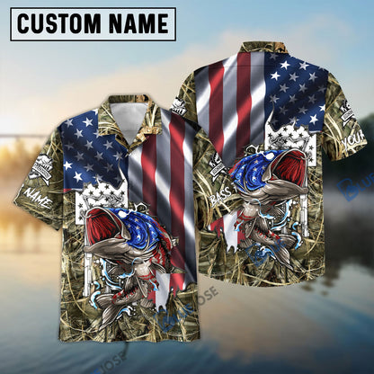 Frenzidea American Flag Patriotic Largemouth Bass Camo Fishing Custom Name 3D Shirt