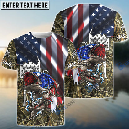 Frenzidea American Flag Patriotic Largemouth Bass Camo Fishing Custom Name 3D Shirt