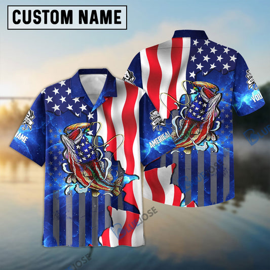 Frenzidea Bass Fishing American Flag Patriotic Custom Name 3D Shirt