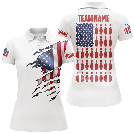 Frenzideas White American Flag Bowling Pin Customized Name All Over Printed Shirt For Women