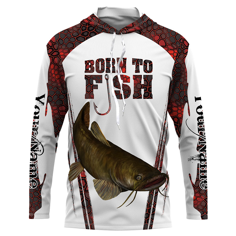 Frenzidea "Born To Fish" Catfish Fishing Red Camo Custom Name   Long Sleeve Fishing Shirts