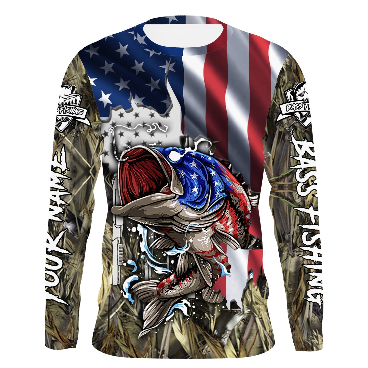 frenzidea American Flag Patriotic Largemouth Bass Camo Fishing Custom Name 3D Hoodie