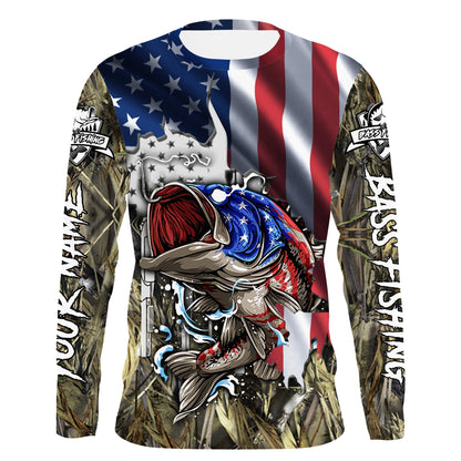 frenzidea American Flag Patriotic Largemouth Bass Camo Fishing Custom Name 3D Hoodie