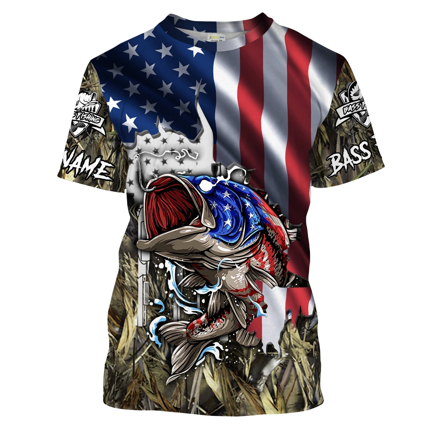 frenzidea American Flag Patriotic Largemouth Bass Camo Fishing Custom Name 3D Hoodie