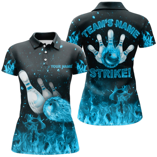 Frenzideas Strike Bowling Cyan Flames Personalized All Over Printed Shirt For Women