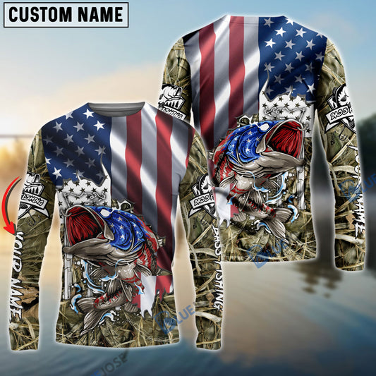 Frenzidea American Flag Patriotic Largemouth Bass Camo Fishing Custom Name 3D Shirts