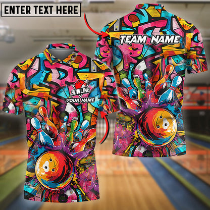 Frenzideas Bowling And Pins Graffiti Colorful Personalized Name, Team Name 3D Shirt (4 Colors)